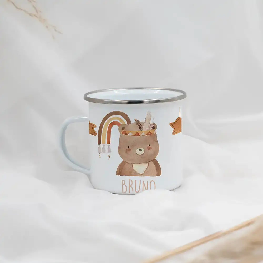 Emaille Tasse personalisiert - Bär mit Regenbogen
