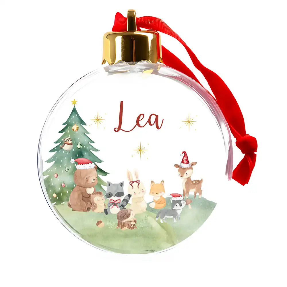 Weihnachtskugel personalisiert mit Namen - Niedliche Waldtiere mit Weihnachtsmütze