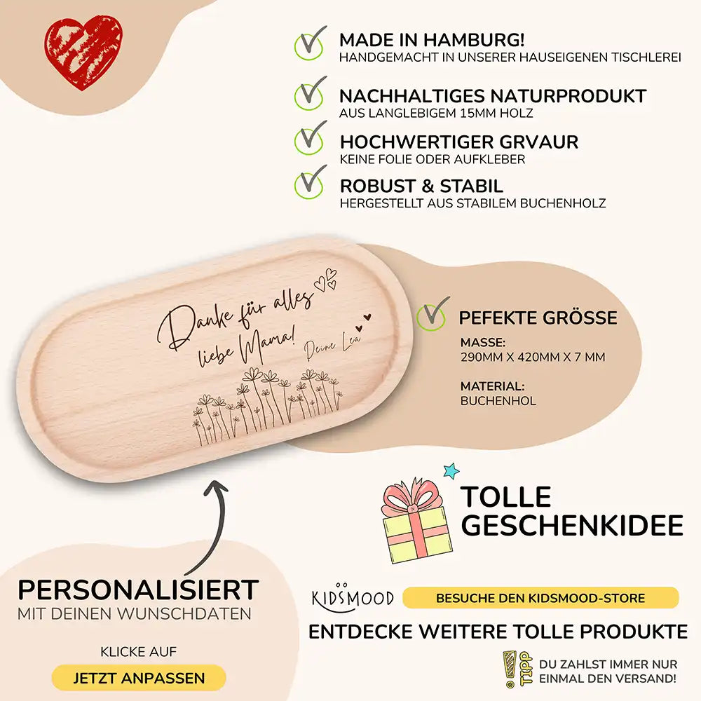 Personalisiertes Holz-Serviertablett "Danke Mama" | Muttertagsgeschenk