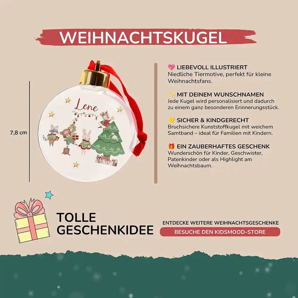 Weihnachtskugel personalisiert mit Namen - Kuschelige Tiere im Winterzauber