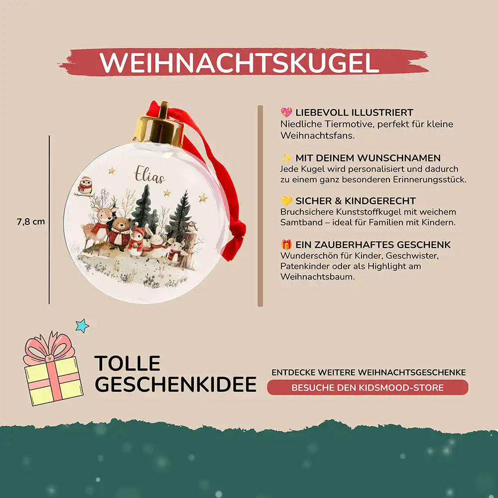 Weihnachtskugel personalisiert mit Namen - Kleine Freunde des Tannenwaldes