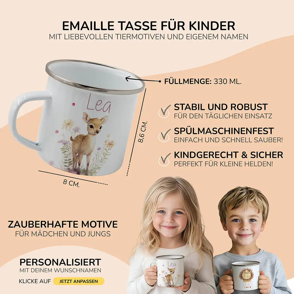 Emaille Tasse personalisiert - Reh mit Blumenkranz