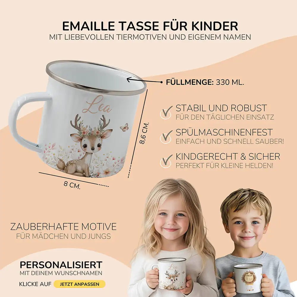 Emaille Tasse personalisiert - Reh und Schmetterling