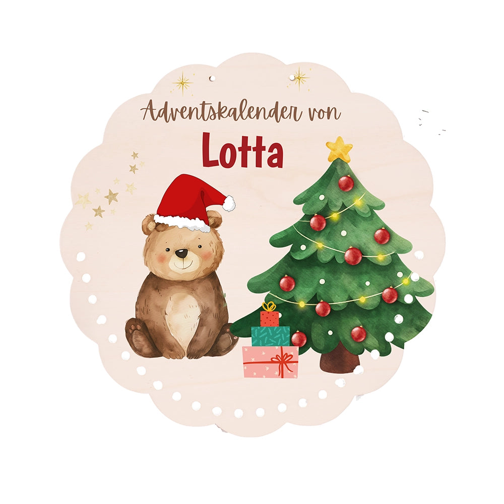 Personalisierter runder Adventskalender Kinder aus Holz  - Weihnachtsbär