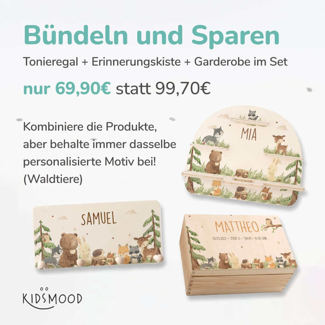 detailansicht des personalisierten waldtier-bundles mit namen