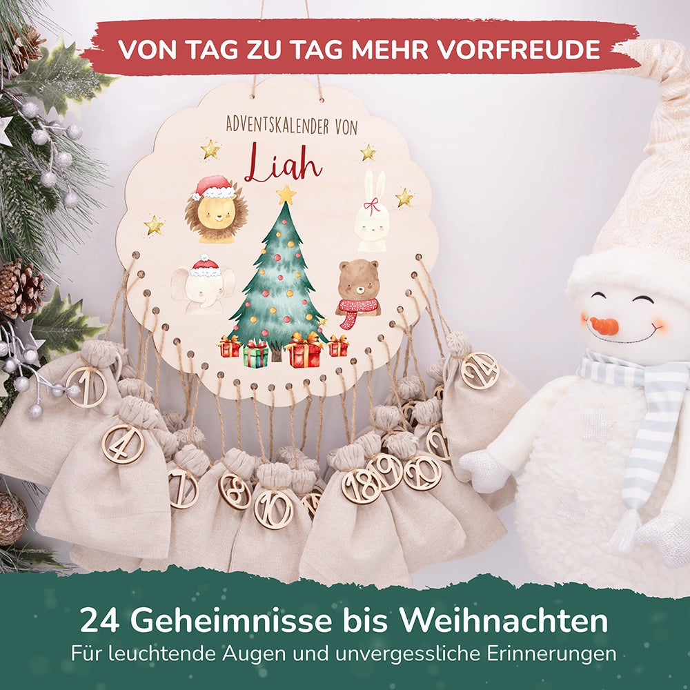 Personalisierter runder Adventskalender Kinder aus Holz  - Weihnachtliche Tierwelt