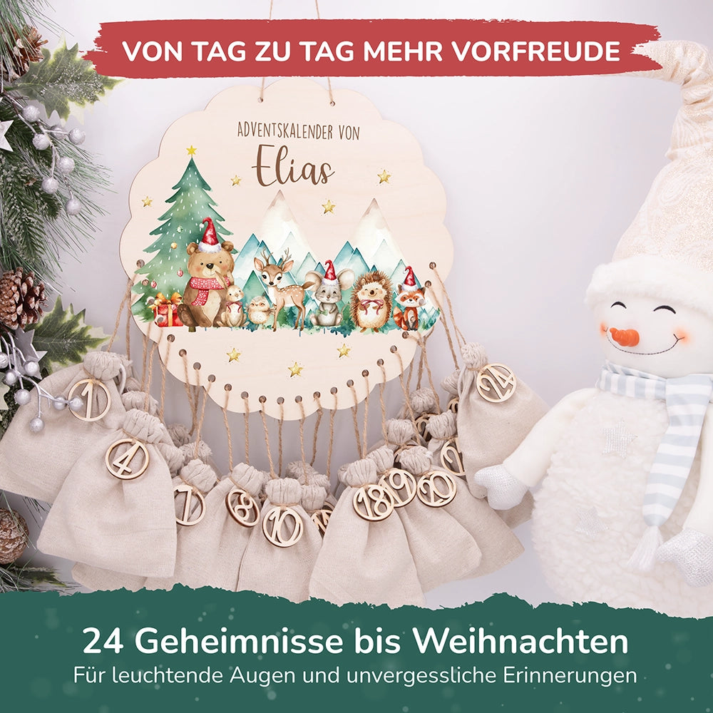 Personalisierter runder Adventskalender Kinder aus Holz  - Winterwald & seine Bewohner