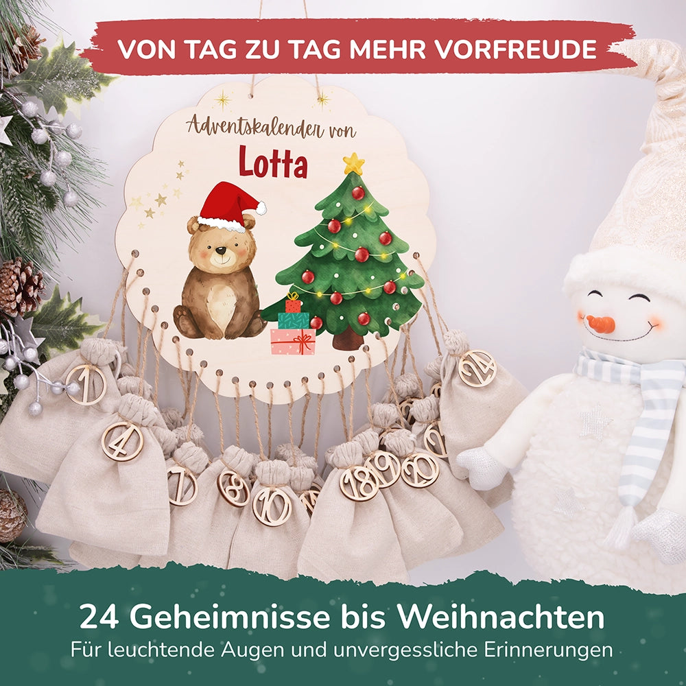 Personalisierter runder Adventskalender Kinder aus Holz  - Weihnachtsbär