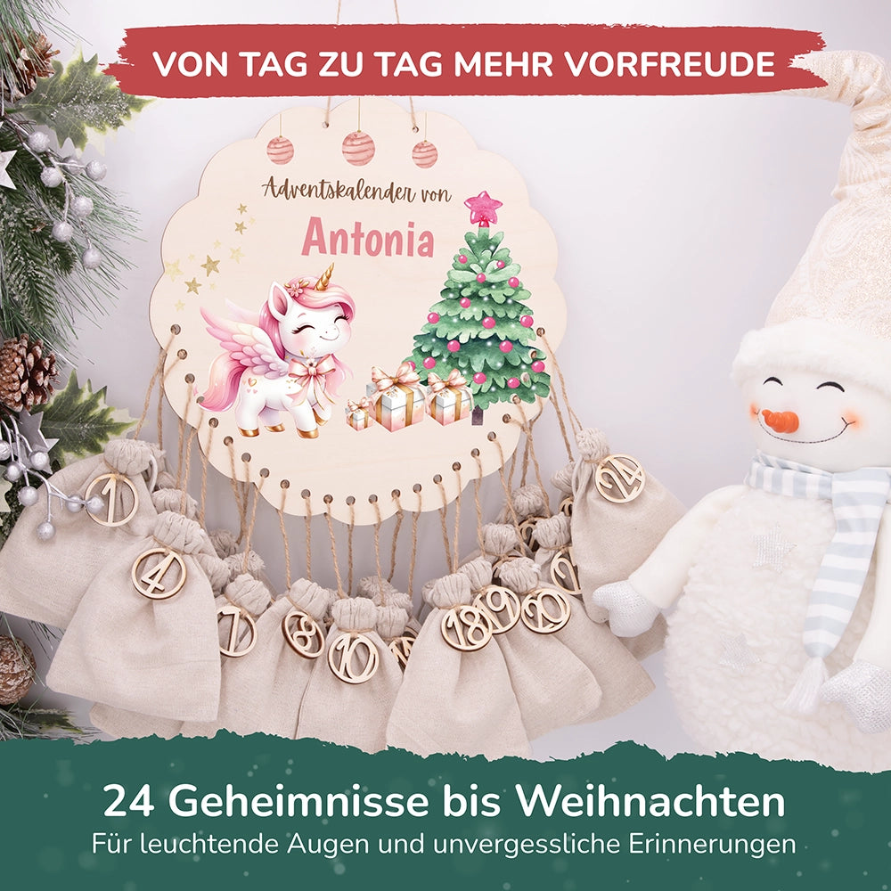 Personalisierter runder Adventskalender Kinder aus Holz  - Baby Einhorn