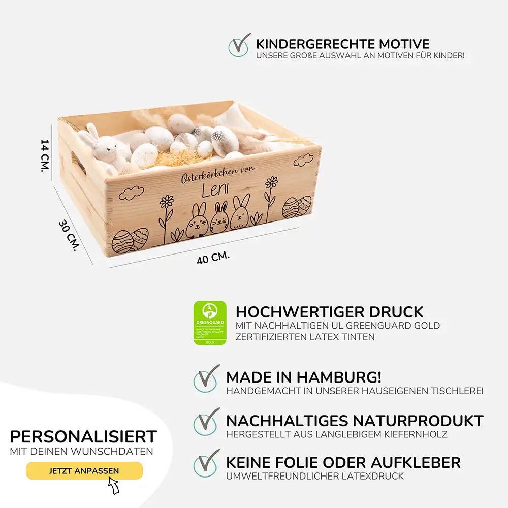 Osterkiste Holz personalisiert - Hasenwiese