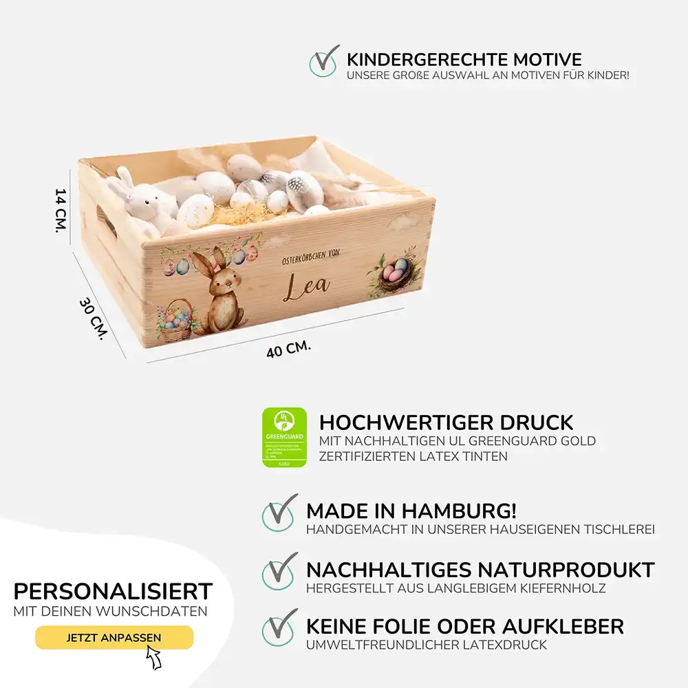 Osterkiste Holz personalisiert - Hase im Eierwunderland