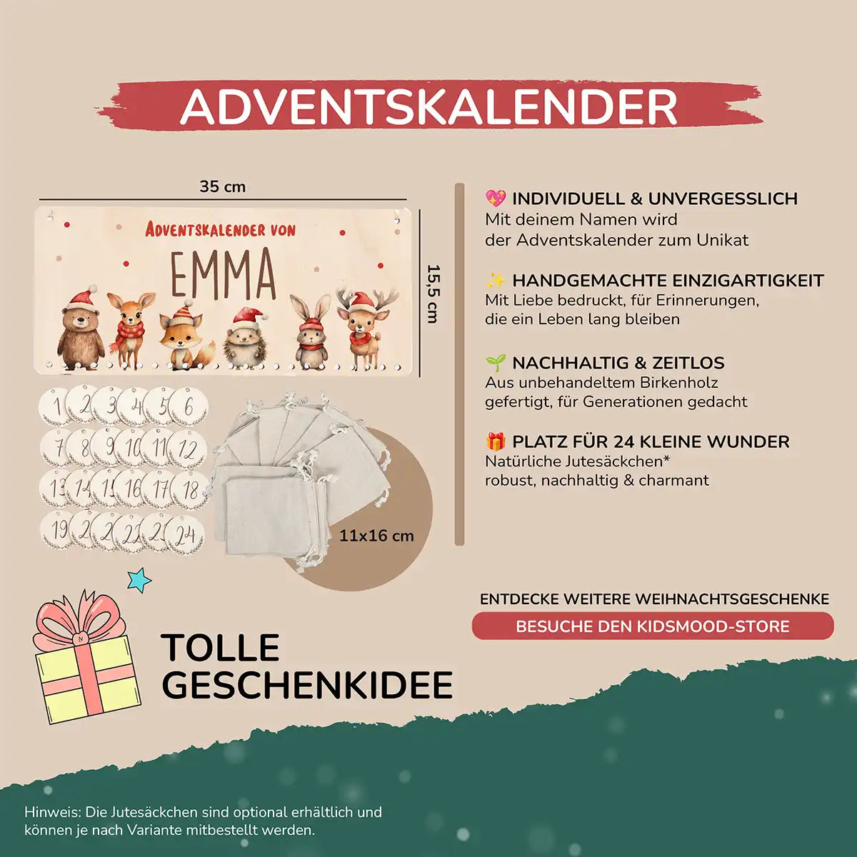 Personalisierbarer Adventskalender farbig - Winterliche Tierfamilie