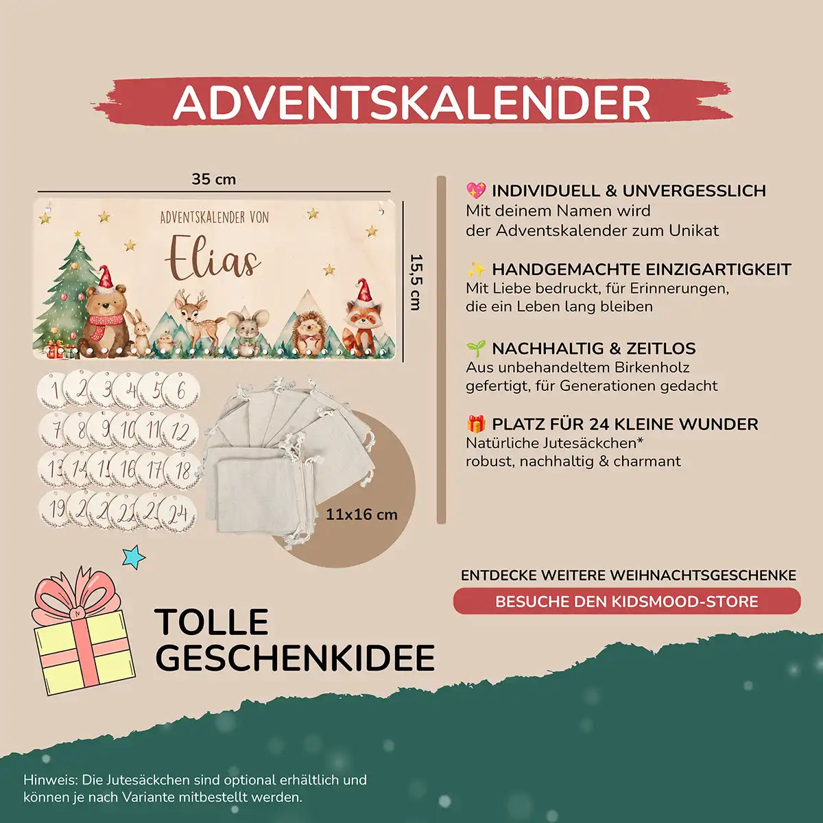 Personalisierbarer Adventskalender farbig - Glückliche Waldtiere