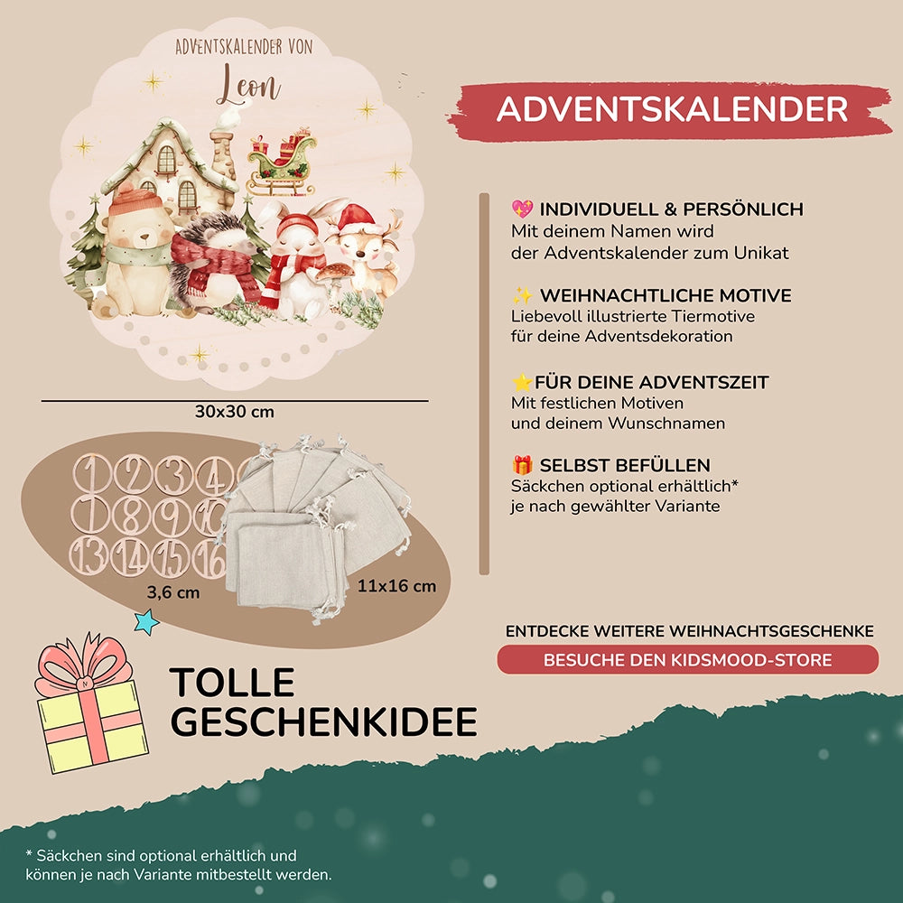 Personalisierter runder Adventskalender Kinder aus Holz  - Waldtiere im Winterzauber