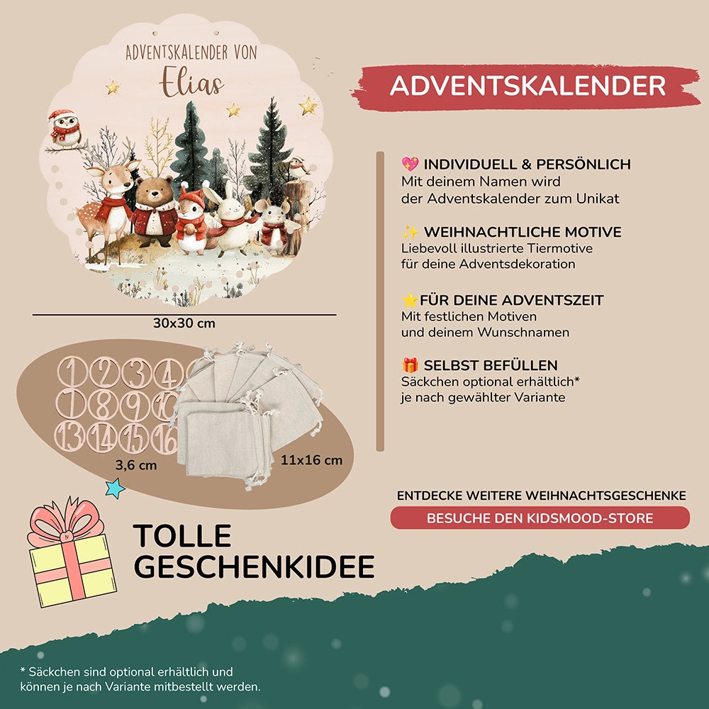 Personalisierter runder Adventskalender Kinder aus Holz  - Weihnachtsdorf