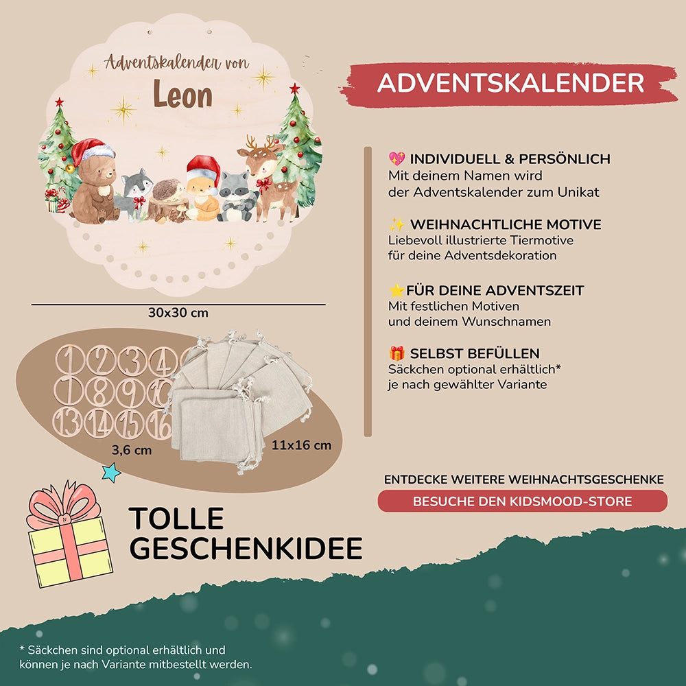 Personalisierter runder Adventskalender Kinder aus Holz  - Winterwunderland