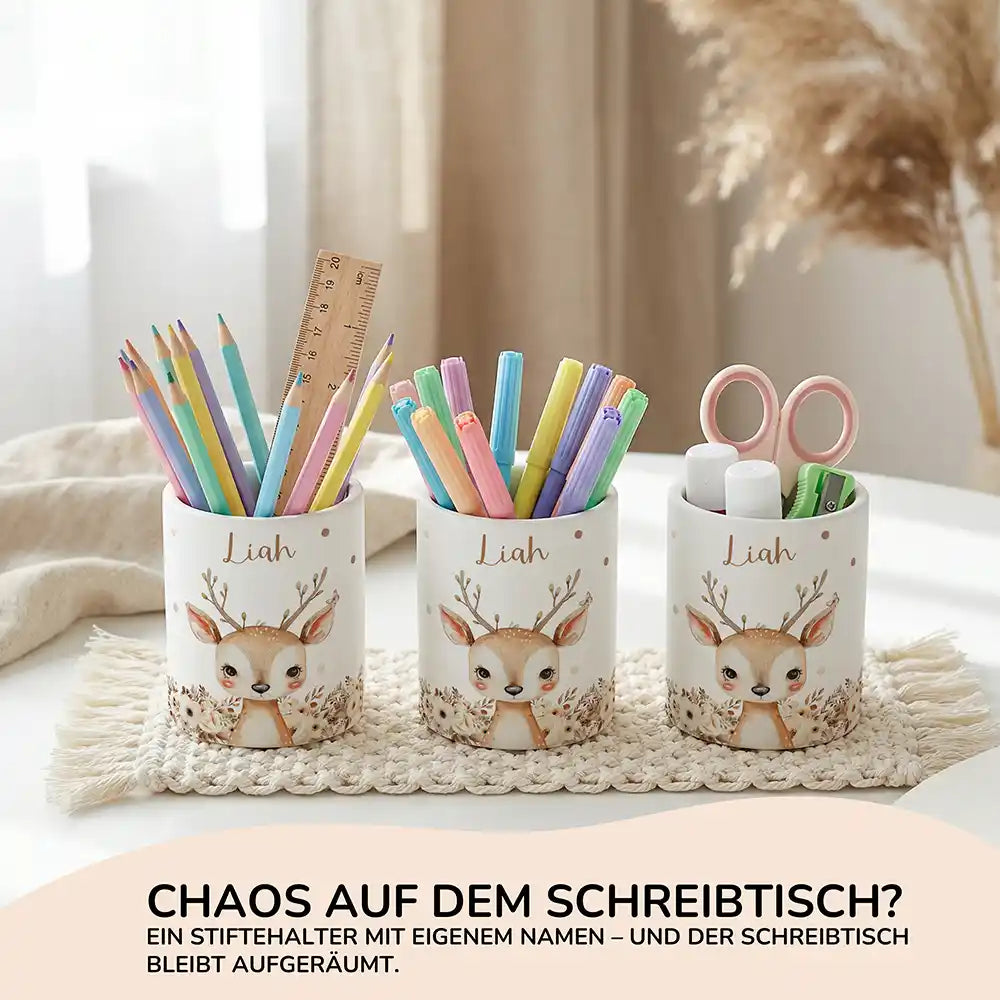 Personalisierter Stiftehalter Rehkitz Zweige aus Keramik - Wunschname - Kidsmood.de