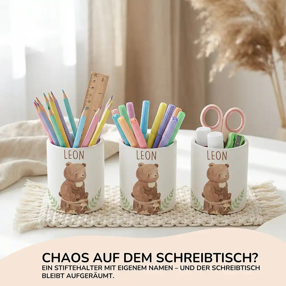 Personalisierter Stiftehalter Bär Wald aus Keramik - Wunschname - Kidsmood.de
