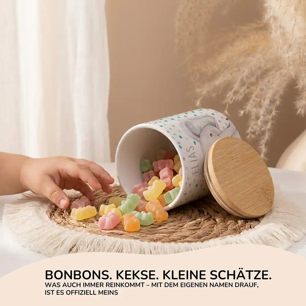 Personalisierte Keksdose Elefant Konfetti - Seitenansicht mit Bambusdeckel