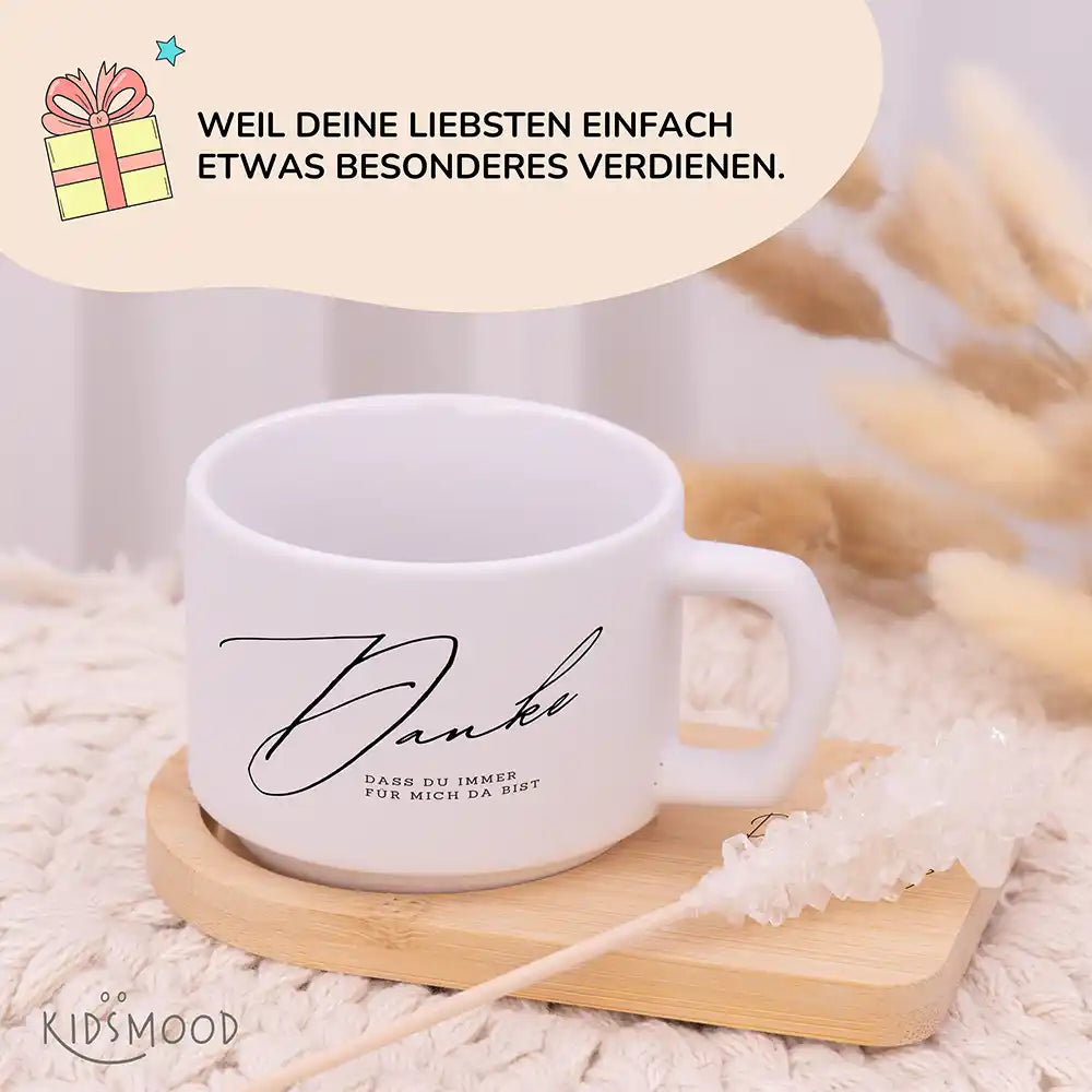 Keramiktasse made in Hamburg Danke – immer für mich da – Bambus-Untersetzer personalisiert