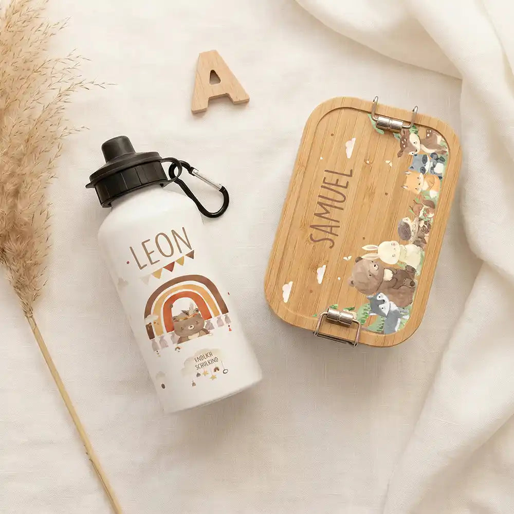 Personalisierte Trinkflasche Kinder Bär Regenbogen Schulkind – Geschenk zur Einschulung & Taufe