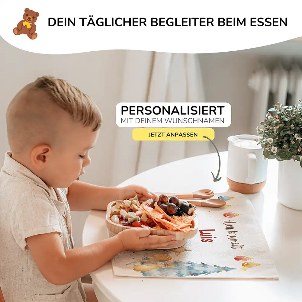 Tischset Kinder personalisiert Weihnachtsmotiv - Schneeflocken-Tierbande