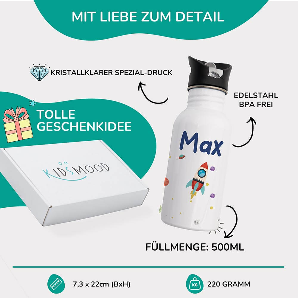 personalisierte trinkflasche für kinder mit weltraumrakete design