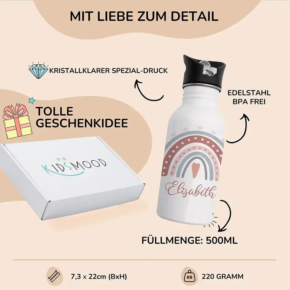 Trinkflasche Kinder Edelstahl - Regenbogen - Personalisierbar mit Namen