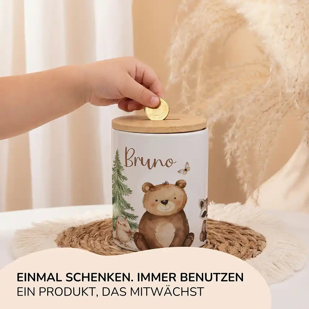 Personalisierte Spardose Bär & Waschbär – Keramik & Bambus mit Wunschname