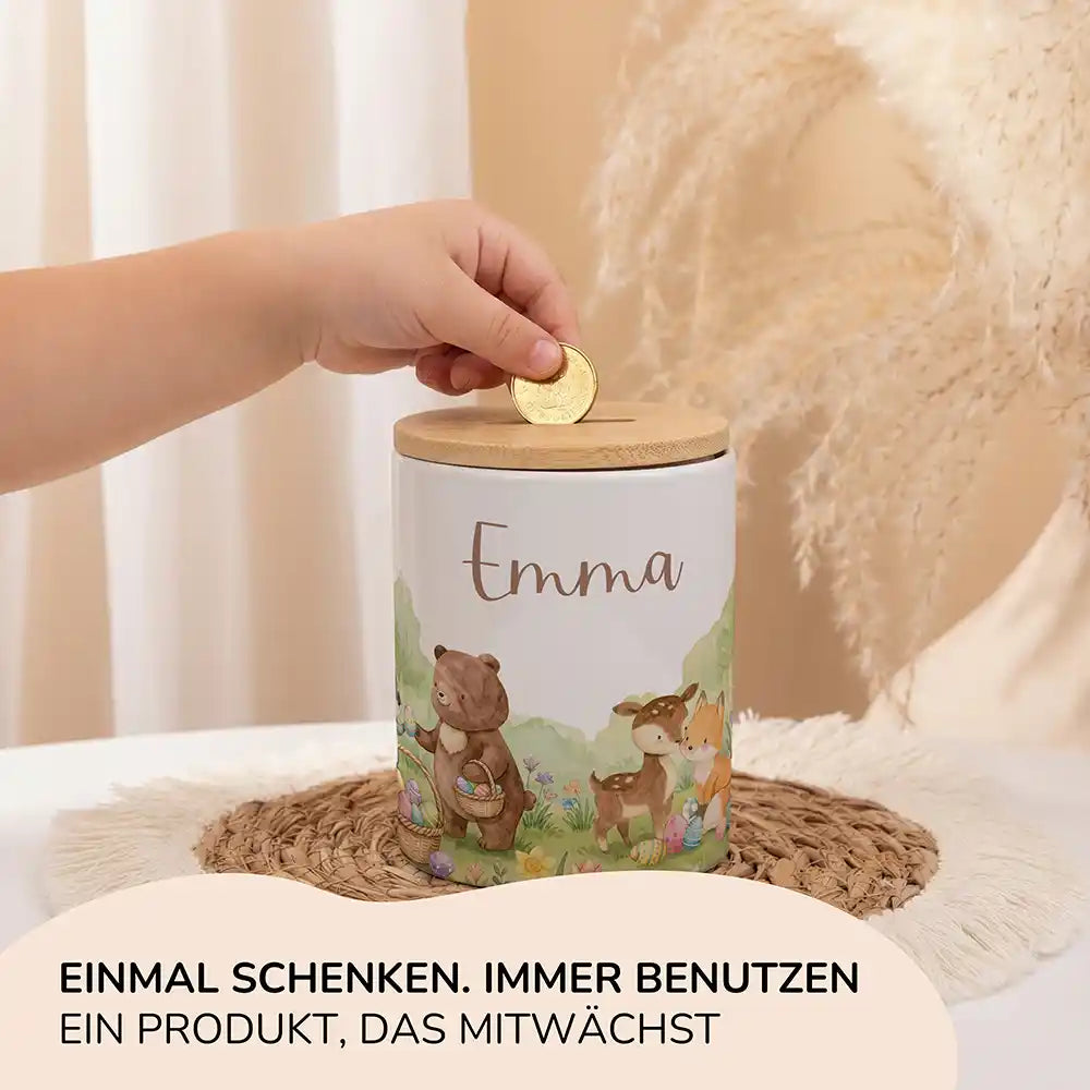 Personalisierte Spardose Ostern Bärenfamilie – Keramik & Bambus mit Wunschname