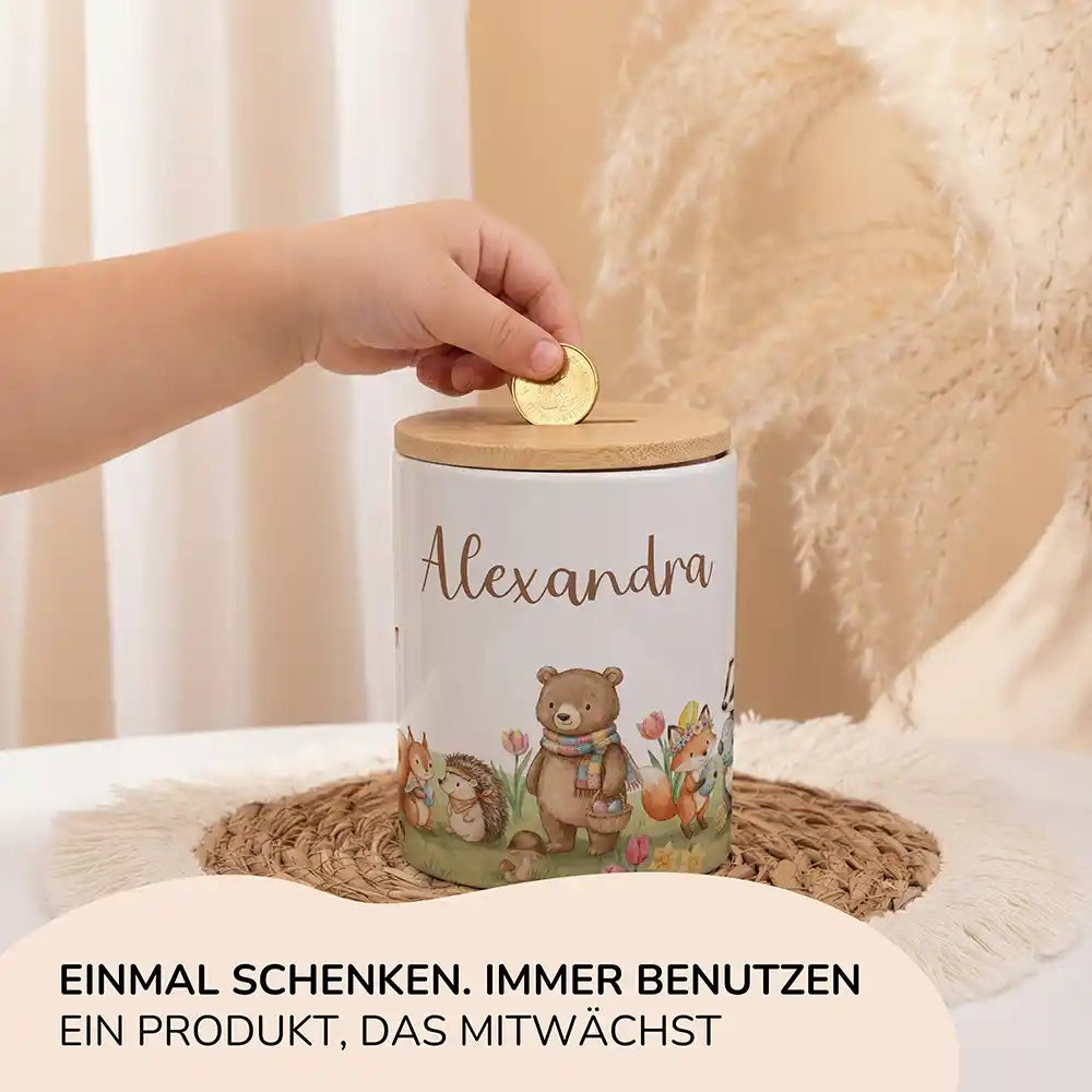 Personalisierte Spardose Herbst-Waldtiere – Keramik & Bambus mit Wunschname