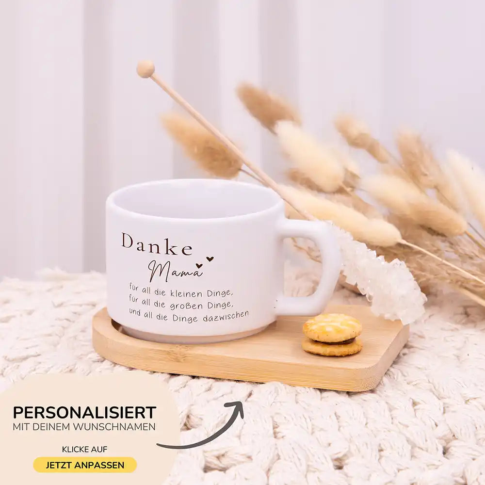 Muttertagsgeschenk Tasse Danke Mama – kleine und große Dinge – Wunschnamen-Gravur auf Bambus