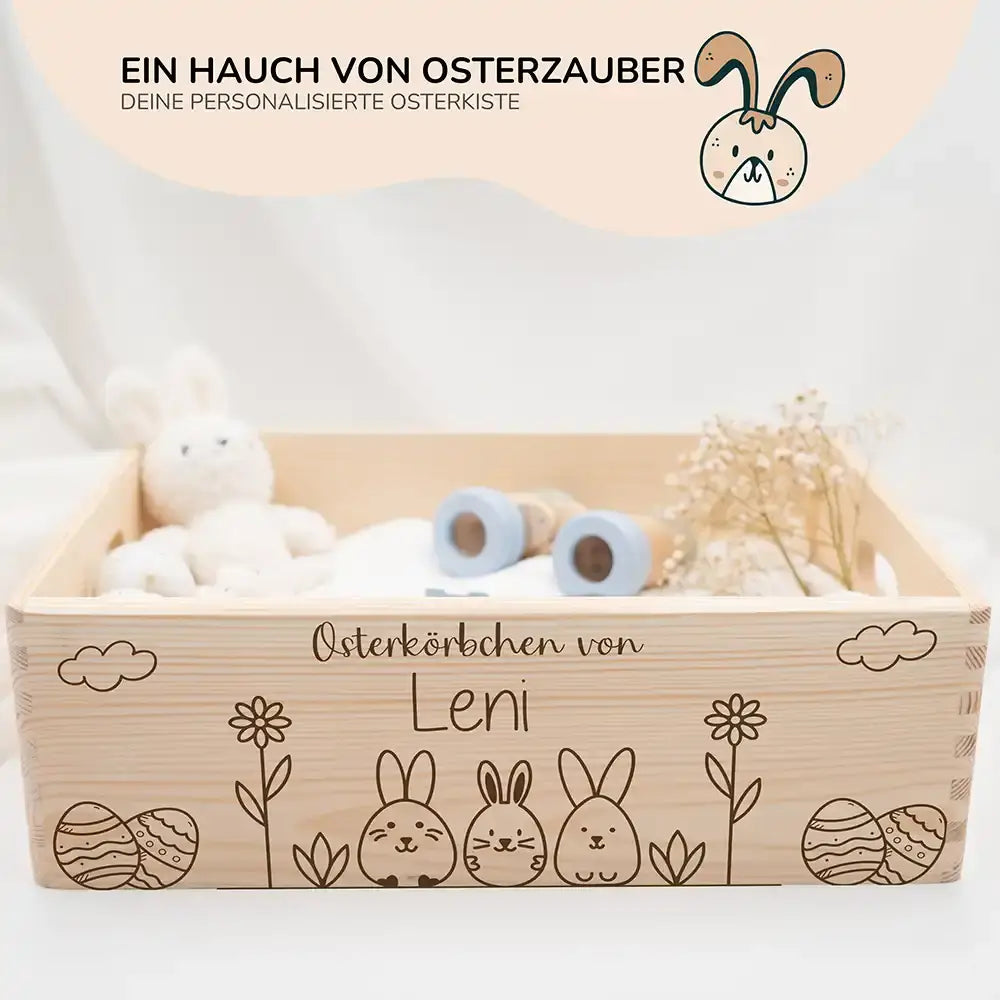 Osterkiste Holz personalisiert - Hasenwiese