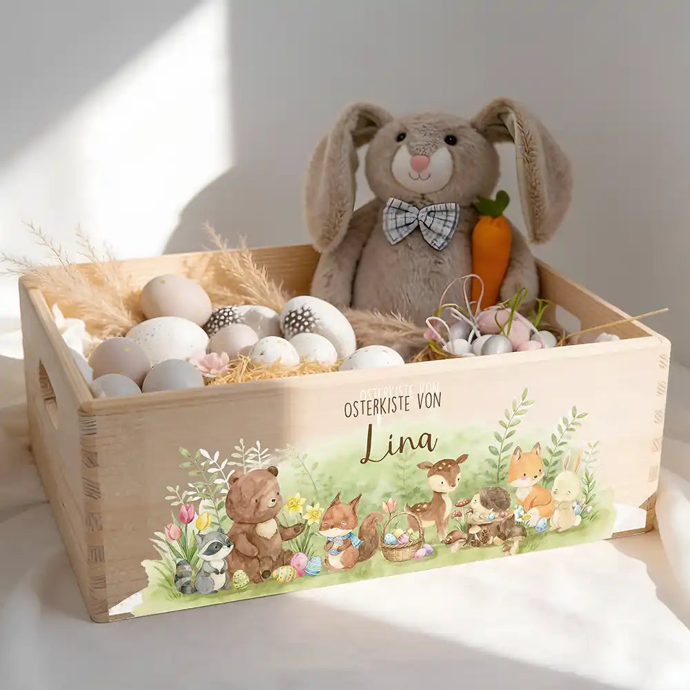 Osterkiste Holz personalisiert - Waldfamilie