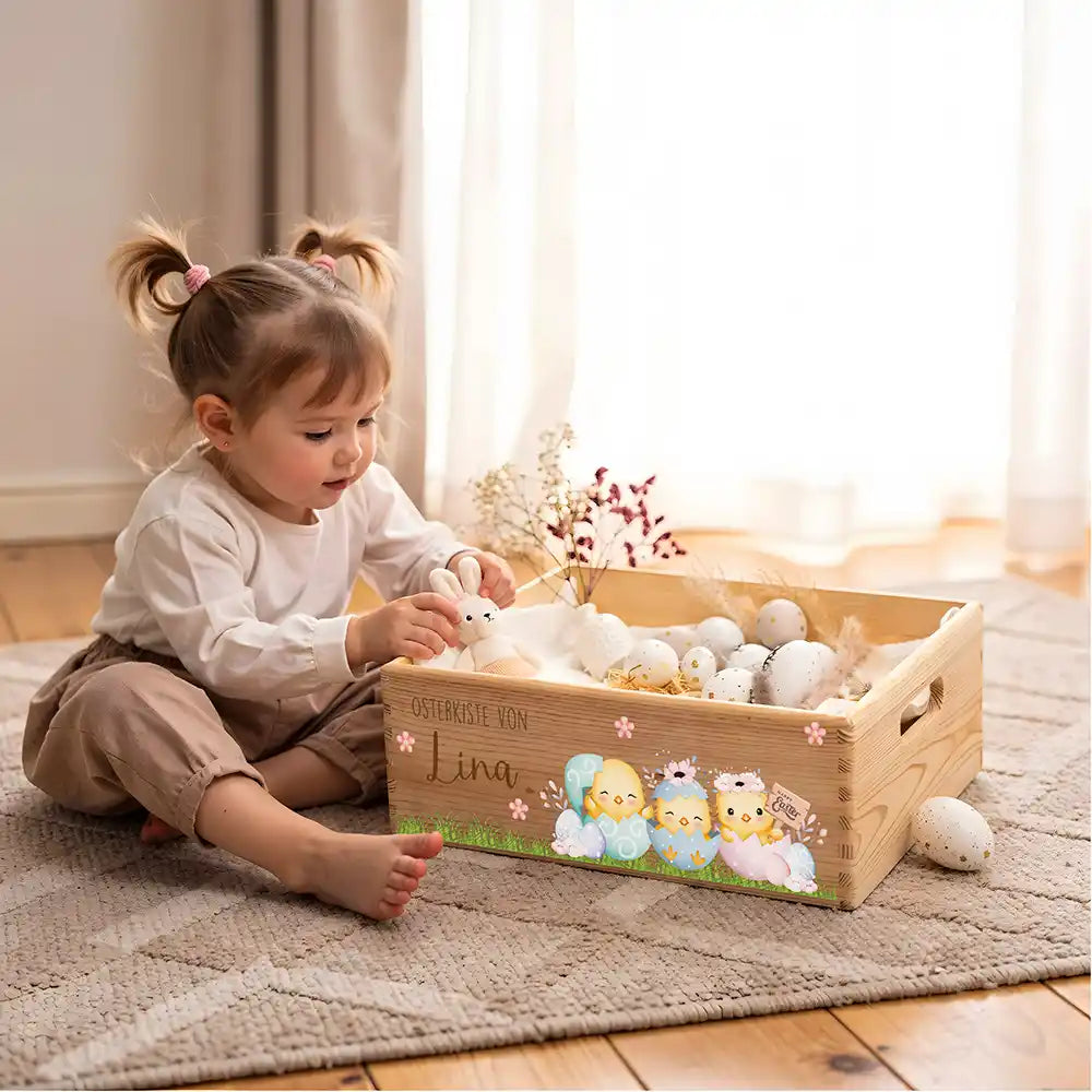 Osterkiste Holz personalisiert - Kükenfamilie