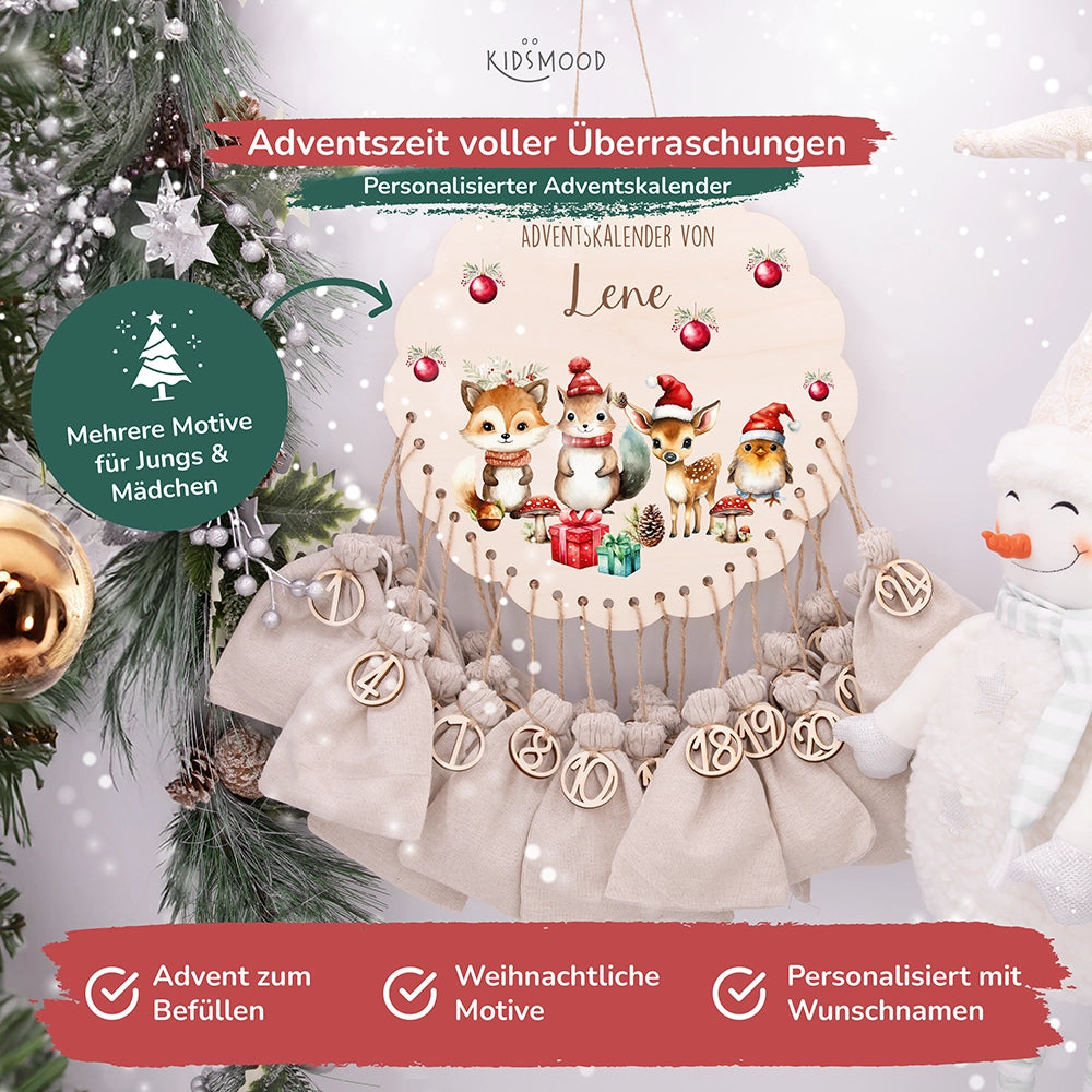 Personalisierter runder Adventskalender Kinder aus Holz  - Tierische Weihnachtsfeier