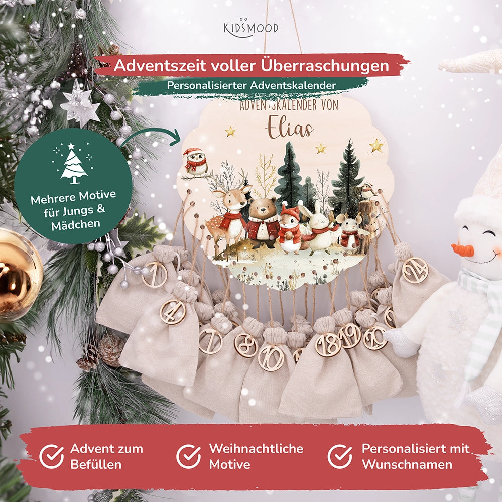 Personalisierter runder Adventskalender Kinder aus Holz  - Weihnachtsdorf