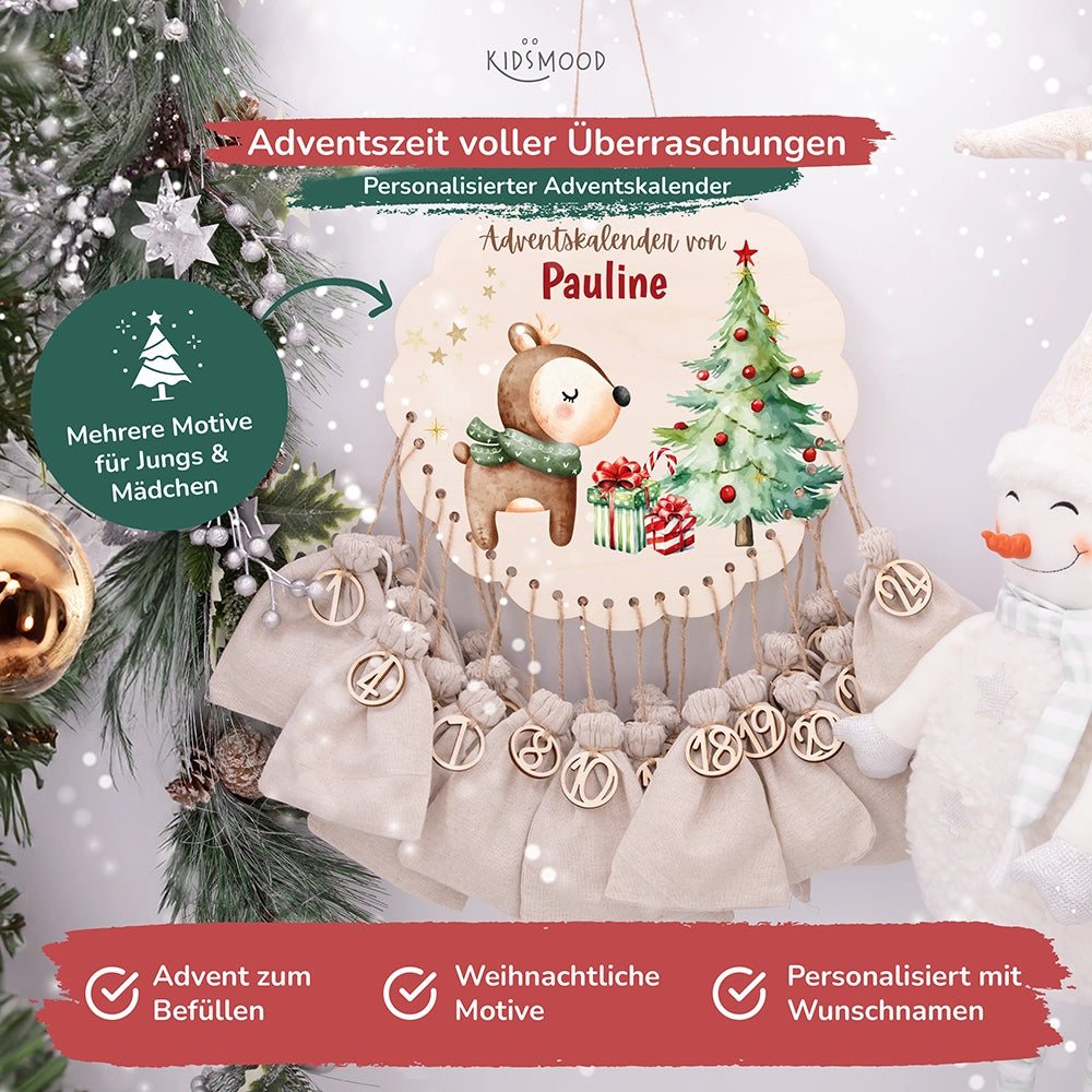 Personalisierter runder Adventskalender Kinder aus Holz  - Baby Reh