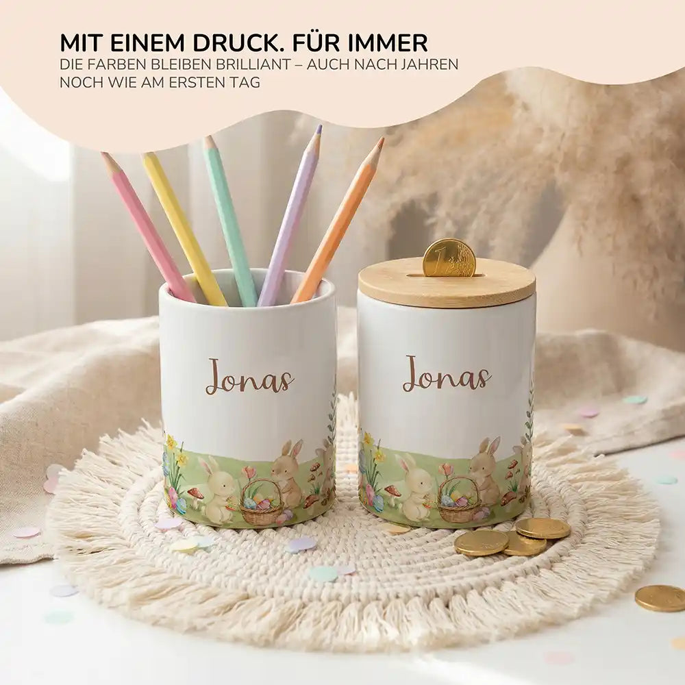 Personalisierte Spardose Ostern Frühlingswiese – Keramik & Bambus mit Wunschname