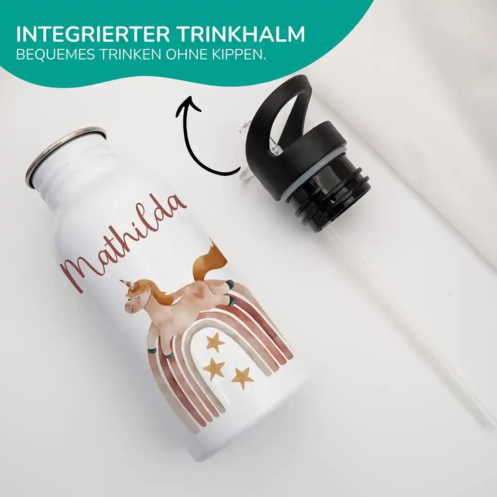 einhorn trinkflasche für kinder mit integriertem trinkhalm