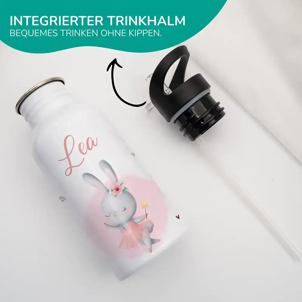 trinkflasche mit trinkhalm und zauberhasen motiv