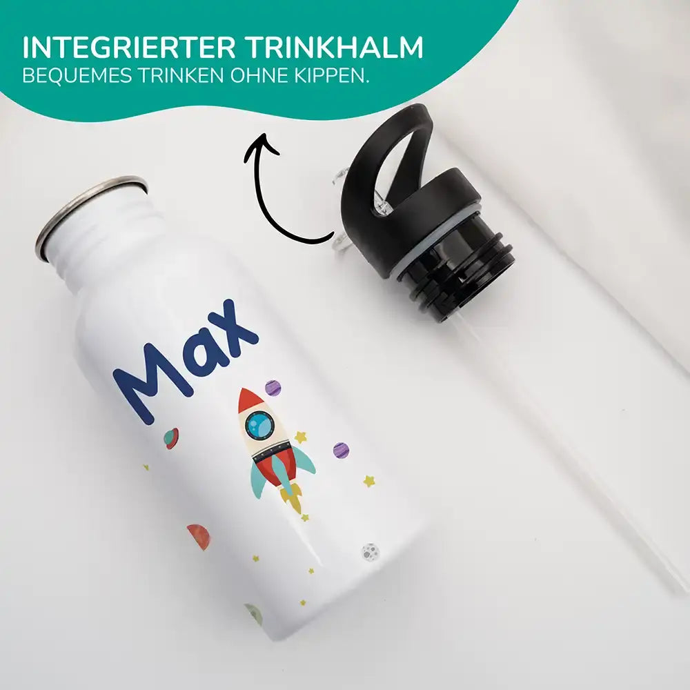 trinkflasche mit trinkhalm und weltraumrakete motiv