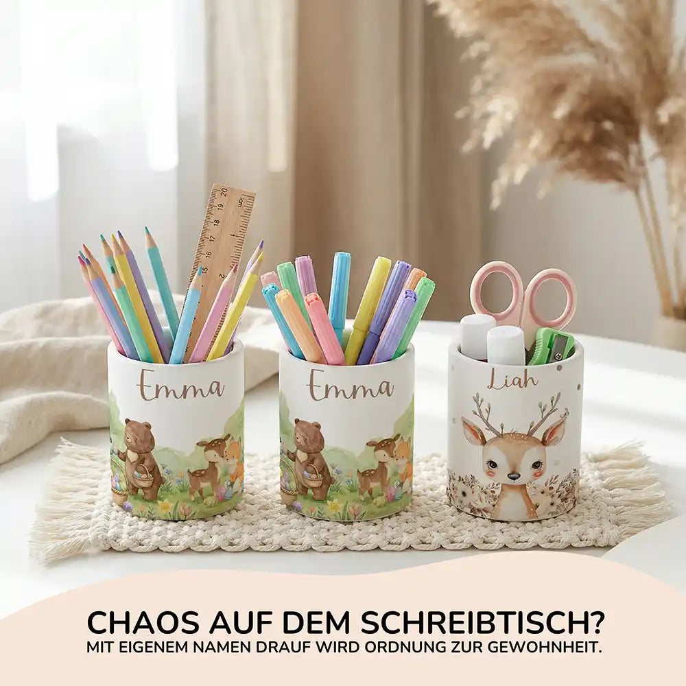 Personalisierte Spardose Ostern Bärenfamilie – Keramik & Bambus mit Wunschname