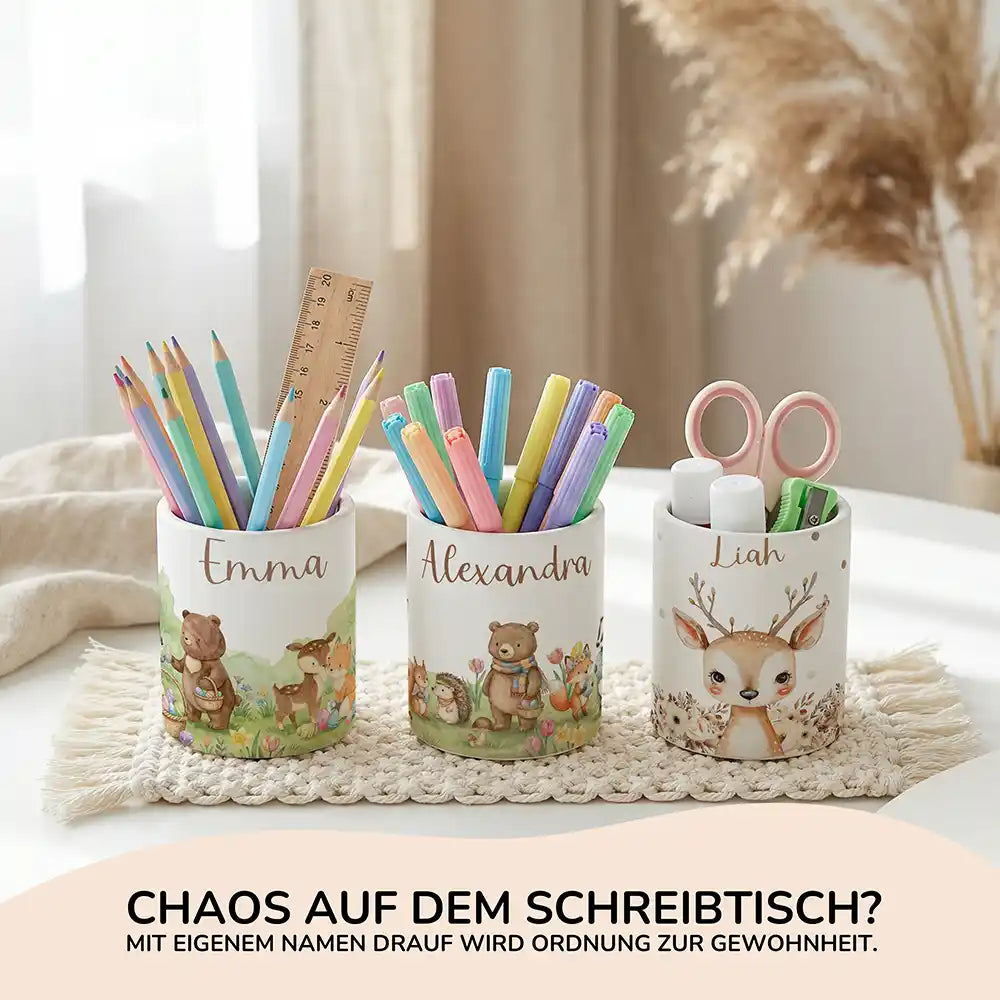 Personalisierte Spardose Herbst-Waldtiere – Keramik & Bambus mit Wunschname
