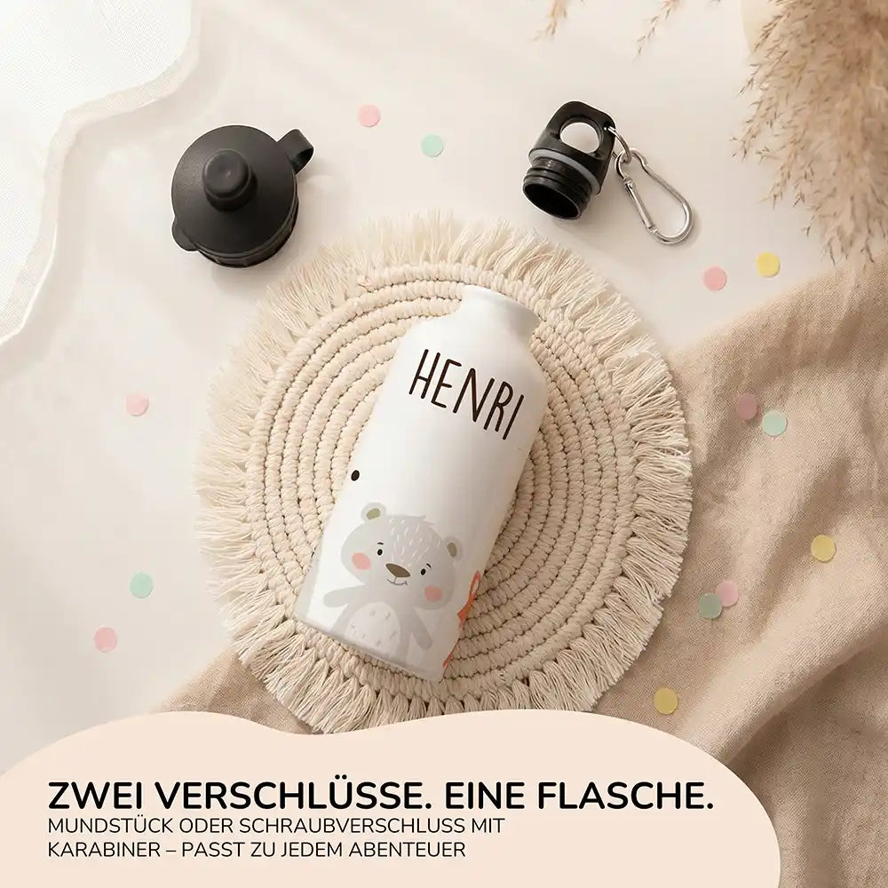 Personalisierte Trinkflasche Kinder Bär & Fuchs – Alu für Schule, Sport & Ausflug