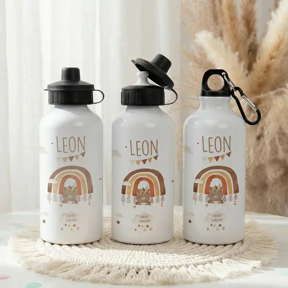 Personalisierte Trinkflasche Kinder Bär Regenbogen Schulkind – Einschulungs-Set mit Brotdose