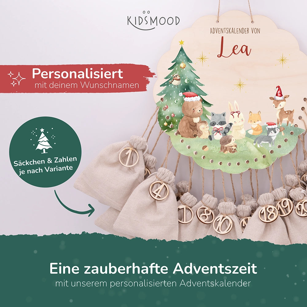 Personalisierter runder Adventskalender Kinder aus Holz  - Niedliche Waldfreunde