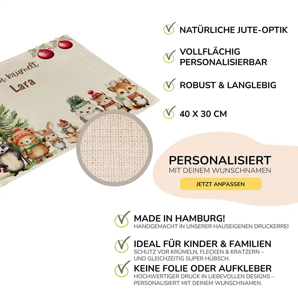 Tischset Kinder personalisiert Weihnachtsmotiv - Glückliche Tiergesellschaft