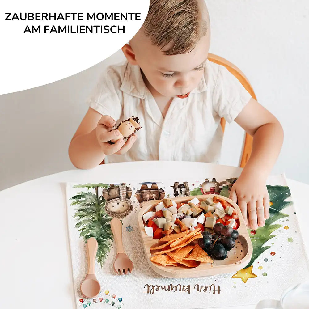 Tischset Kinder personalisiert Weihnachtsmotiv - Freundliche Waldbewohner