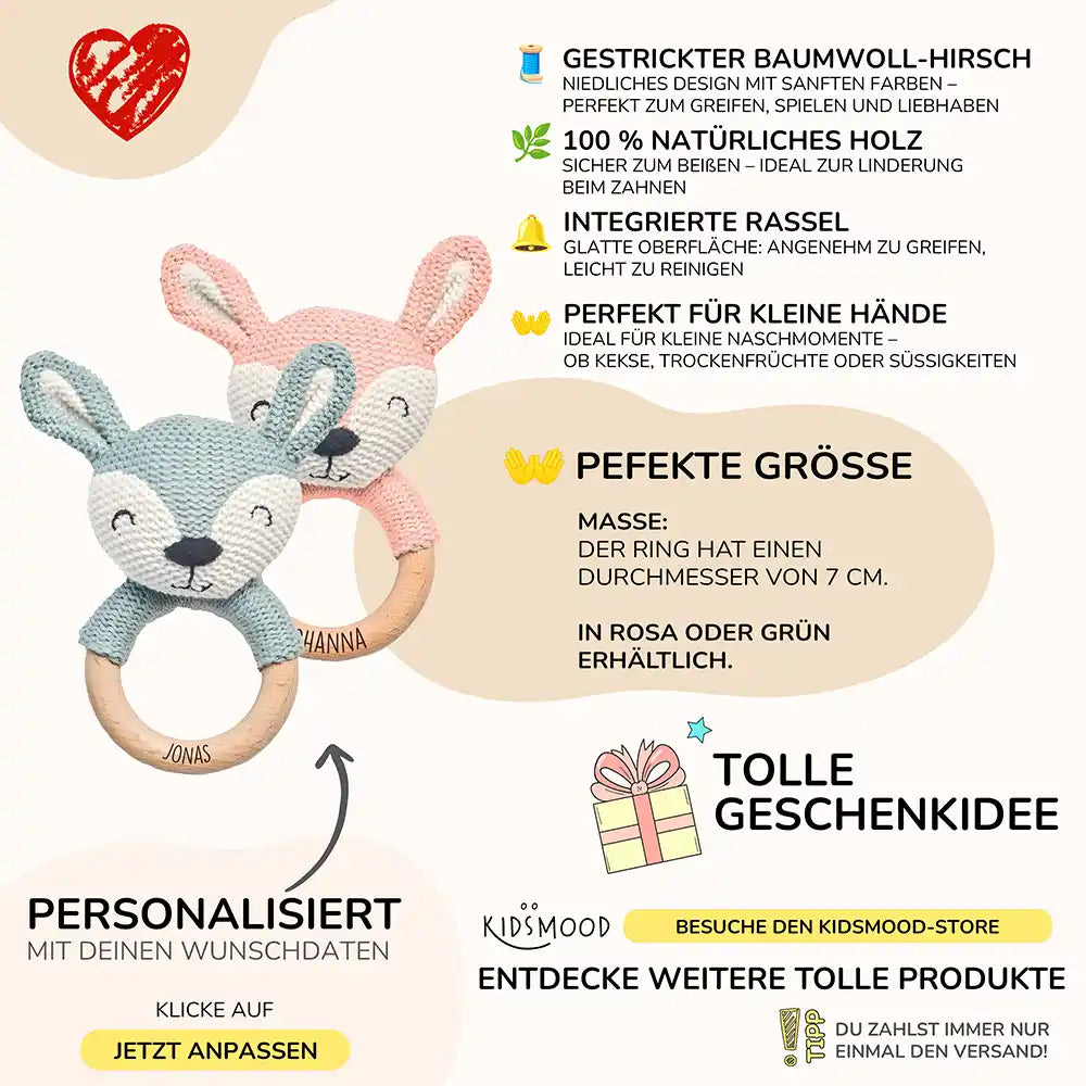 Baby Beißring mit Hirsch - Rosa/Blau Ø 7cm - Zahnen leicht gemacht